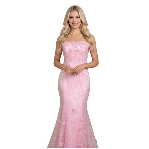 Beyond Jovani Pink Embroidered Evening Gown 4 Lace-Up Corset Back Mermaid Prom - Picture 1 of 10